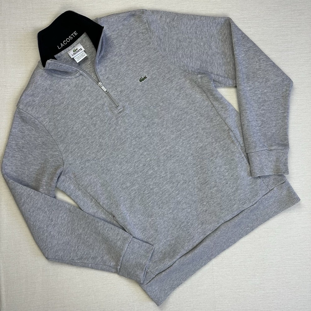 Lacoste Zip Up Sweater Knit Mock Neck Sweater Pockets Men Size 5 Large Gray